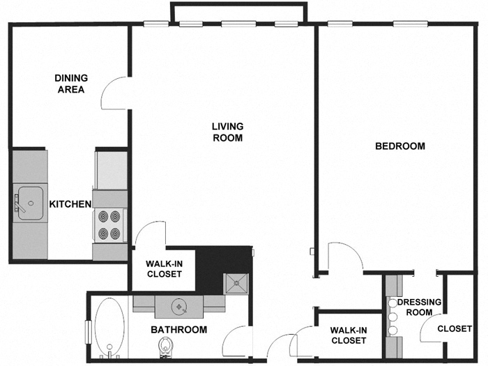 Floor plan for 1 bed, 1 bath, 830 sqft
